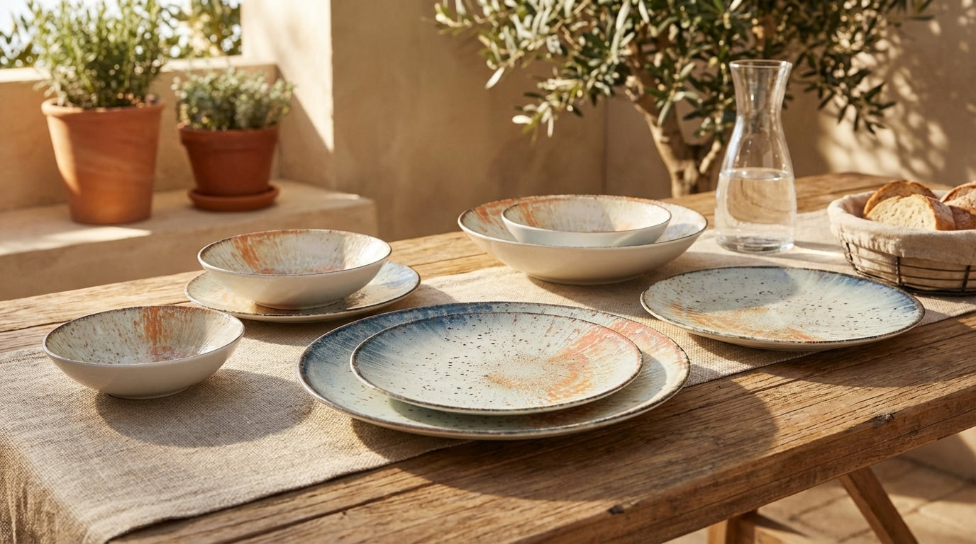 Set of ceramic plates and bowls on a wooden table with a rustic outdoor setting.