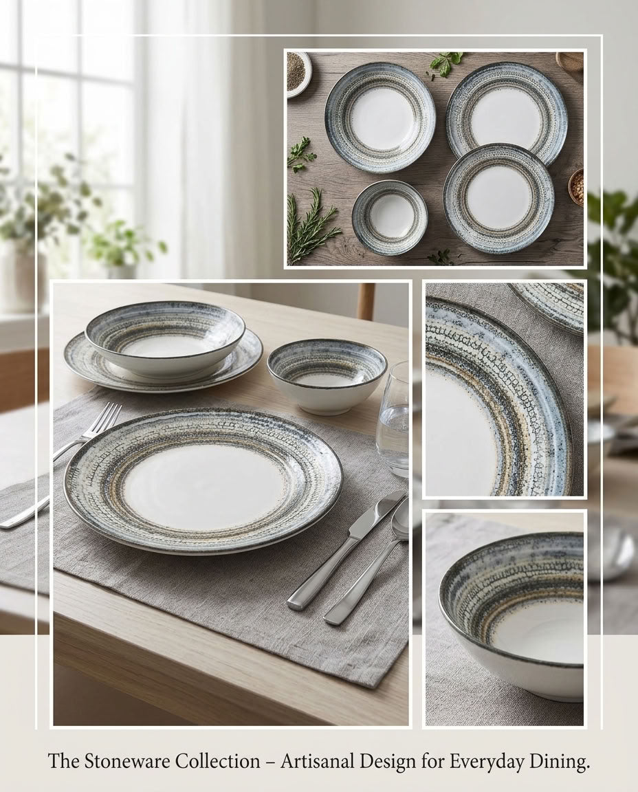 Porcelain plates and bowls arranged in a coordinated place setting