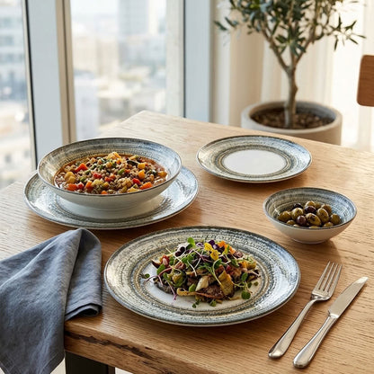 Complete patterned porcelain dinnerware arrangement