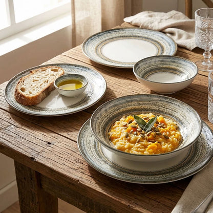 Patterned porcelain dinner plate styled with food